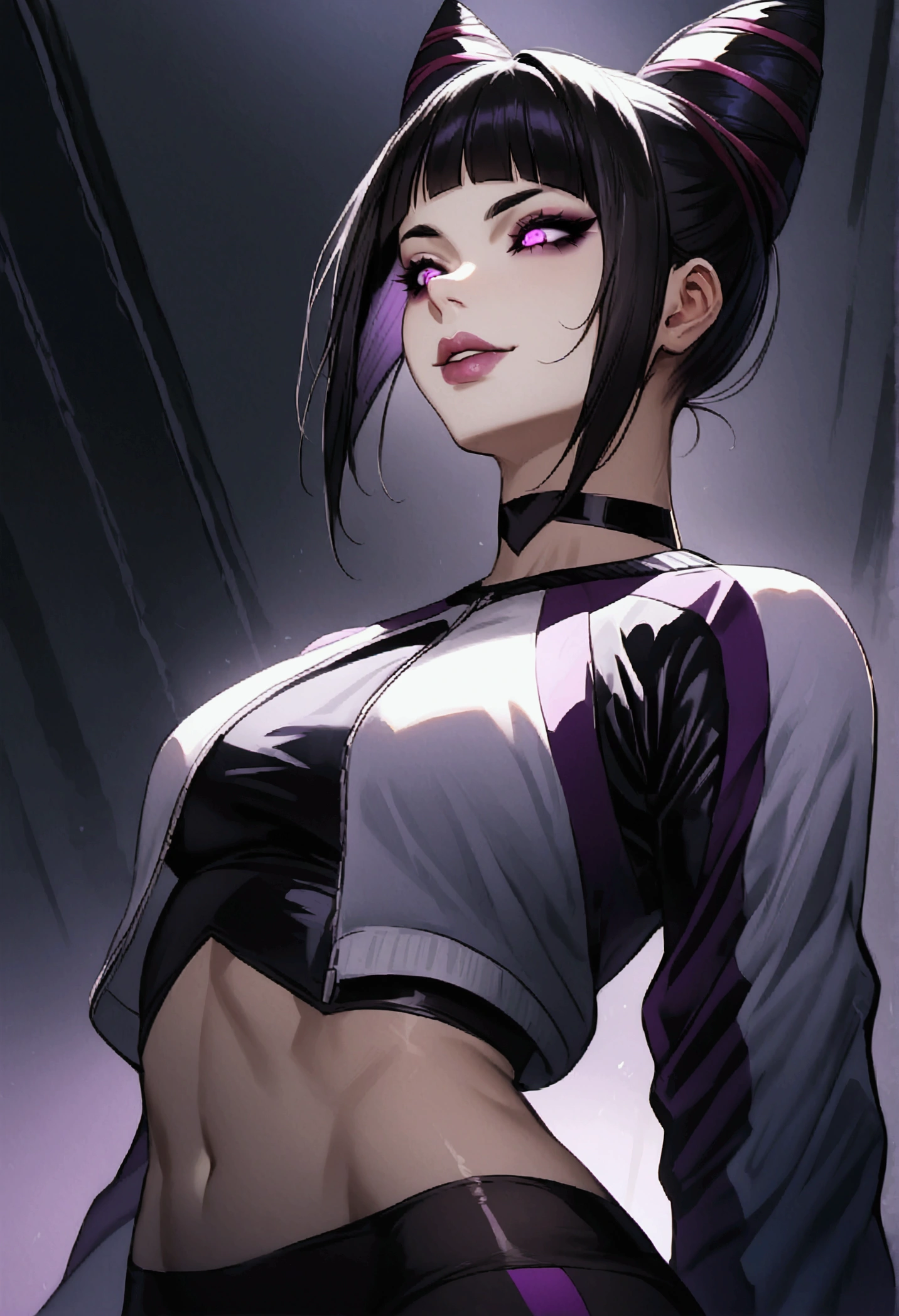 Juri Han,dark eyeshadow,glare eyes,beautiful young fitness woman with , in a gym wearing May with black pantyhose, white and purple fitted gym jacket. standing alone,hair horns,bright purple eyes,Evil smile,legging preto ,lips,dark eyeshadow,glare eyes,head looking down,upward eyes
