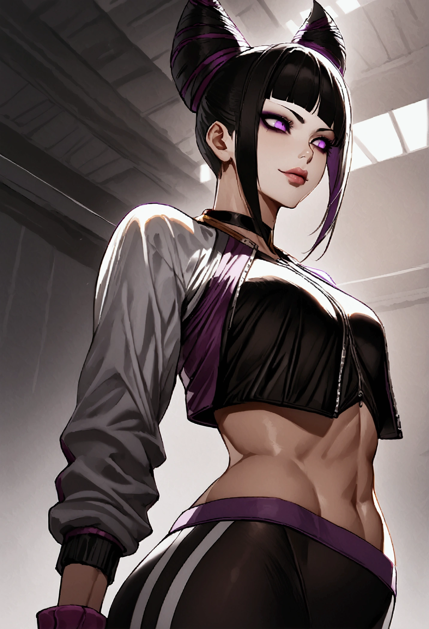 Juri Han,dark eyeshadow,glare eyes,beautiful young fitness woman with , in a gym wearing May with black pantyhose, white and purple fitted gym jacket. standing alone,hair horns,bright purple eyes,Evil smile,legging preto ,lips,dark eyeshadow,glare eyes,head looking down,upward eyes
