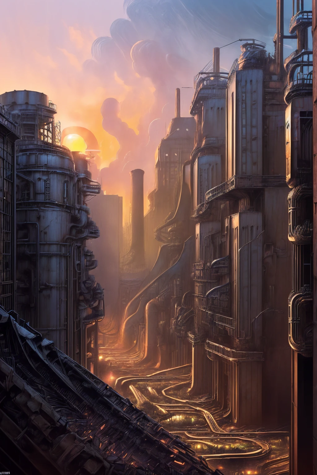 long shot: 1.3, masterpiece, ((industrial city scene with sky with sunset: 1.5)),(( machinery, metal: 1.5)), very beautiful Digital art, Digital art. very detailed and very detailed magical fantasy, colorful digital fantasy art, highly detailed Digital art, beautiful and gorgeous Digital art, very detailed digital painting, 32K