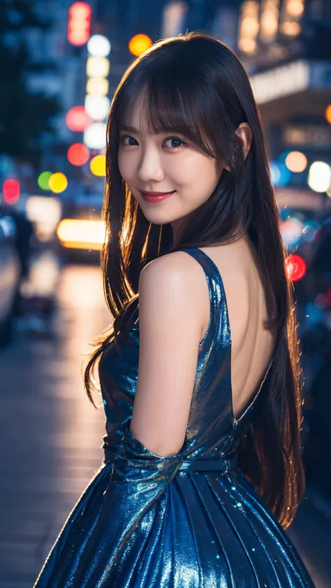 1girl,(wearing a blue glittery evening dress:1.2),(raw photo, best quality), (realistic, photo-realistic:1.4), masterpiece, an e...