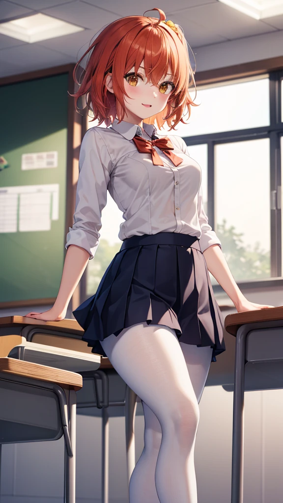 masterpiece, best quality, highres, aaritsuka, short hair, ahoge, hair scrunchie, orange scrunchie, white school shirt, pleated miniskirt, classroom, pantyhose, medium breasts