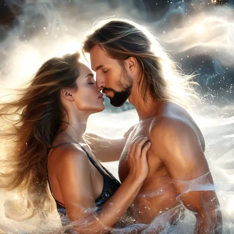 Realistic caucasian, One Male and (one female, long hair) in a sexy pose kissing 