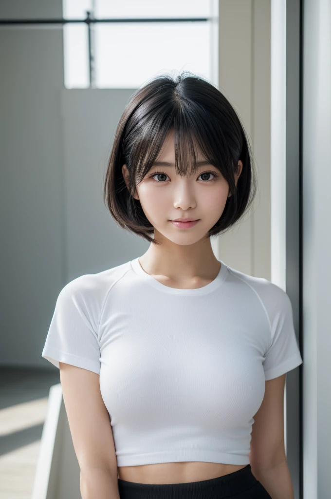 ８K、High definition、Ultra Detail、Photorealistic、Realisticで正確な描写、Realisticで正確な人体構造、High resolution、Highest quality、Japanese beautiful girl、masterpiece,Highest quality,taller than, Raw photo , One girl, shirt, alone, Gym suit, Realistic, white shirt, Bloomers,Beautiful Face,Face Focus、((A very cute face, just like a popular Japanese idol, Very beautiful big black round eyes, Very beautiful short black hair)), Very beautiful slim body、 An innocent smile

