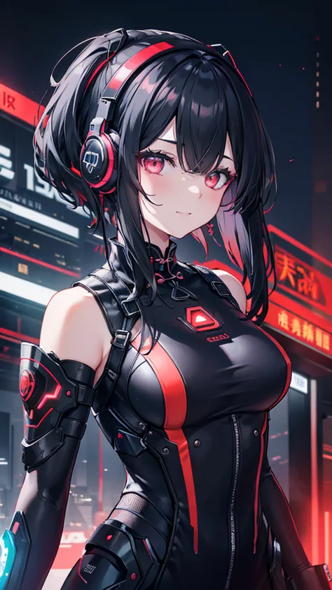 1 girl, chinese_clothing, liquid black titanium and red, cyberhan, cheongsam, cyberpunk city, dynamic poses, detailed glowing he...