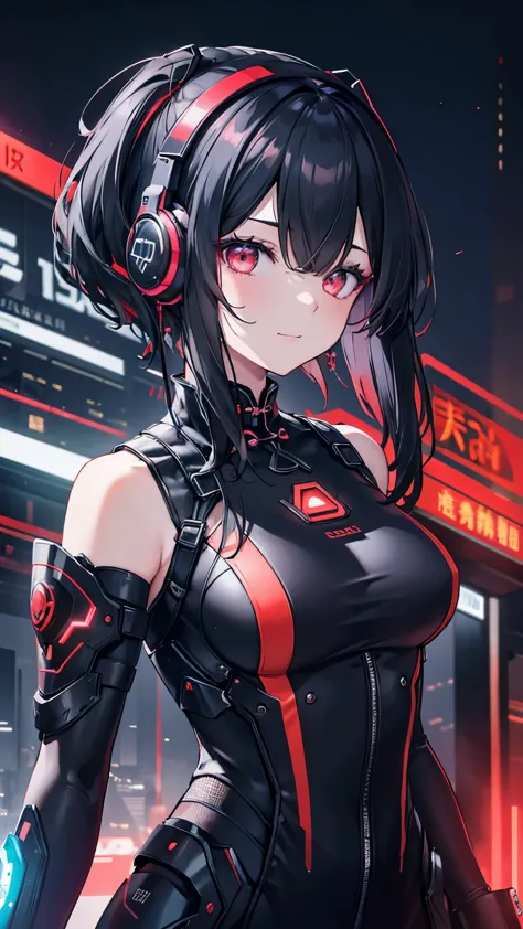 1 girl, chinese_clothing, liquid black titanium and red, cyberhan, cheongsam, cyberpunk city, dynamic poses, detailed glowing he...