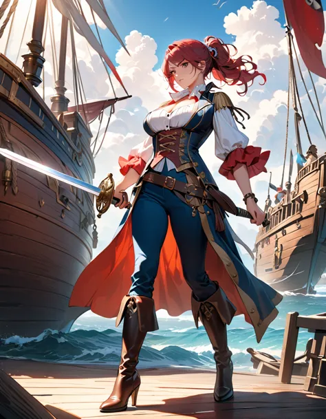 a portrait of a woman pirate holding a ((sword: 1.5)) on a pirate ship ready for battle, ((full body: 1.5)), ((anatomically corr...