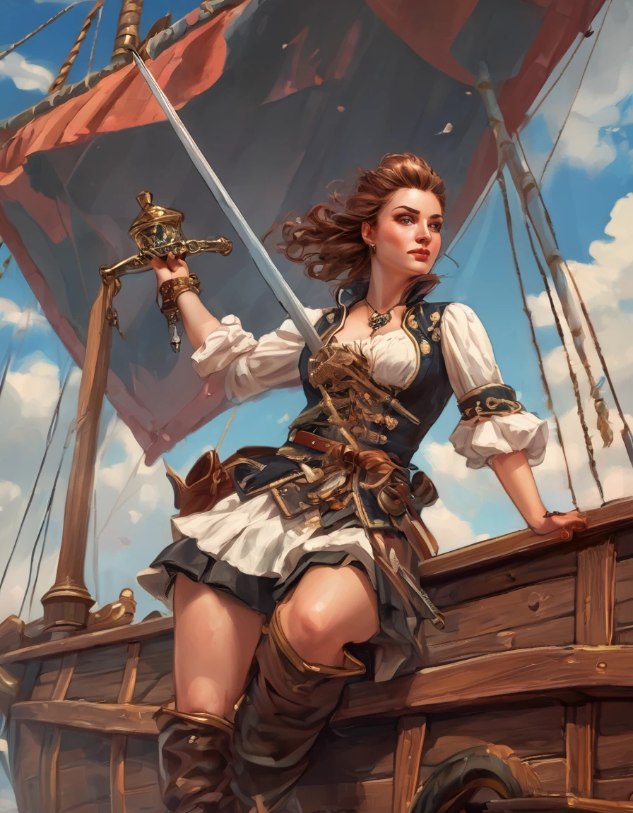 a portrait of a woman pirate holding a ((sword: 1.5)) on a pirate ship ready for battle, ((full body: 1.5)), ((anatomically correct: 1.5)), (ultra detailed face: 1.2), looking tense, looking dangerous,  dynamic eye color. dynamic hair color, dynamic hair style dynamic skin complexion, wearing 18th century white button shirt, busty , wearing  wearing high heeled boots, sunny day, sun rays, some clouds,18th century pirate ship background,  vibrant, Ultra-high resolution, High Contrast, (masterpiece:1.5), highest quality, Best aesthetics), best details, best quality, highres, 16k, (ultra detailed: 1.5), masterpiece, best quality, (extremely detailed) RAW, (ultra details, Masterpiece, best quality), Hyperrealism style, holding sword, Intense gaze, holding sword rapier