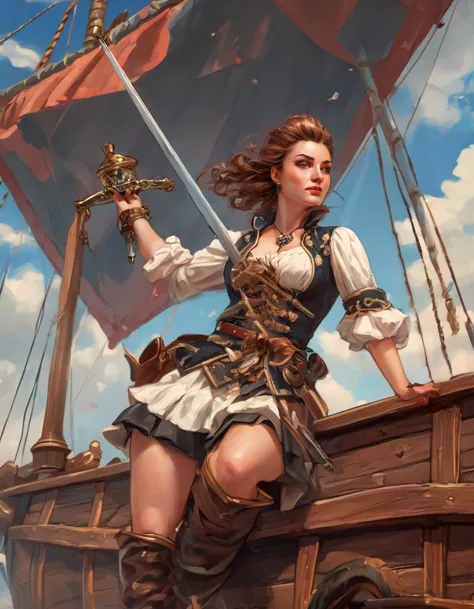 a portrait of a woman pirate holding a ((sword: 1.5)) on a pirate ship ready for battle, ((full body: 1.5)), ((anatomically corr...