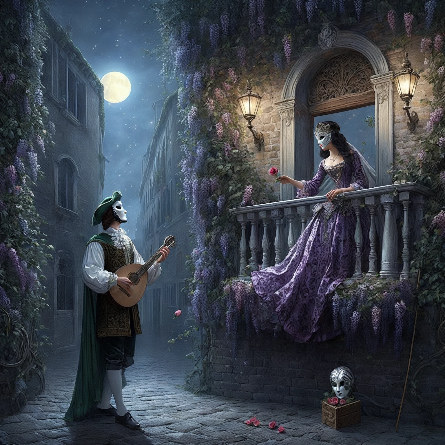 a beautiful dark-haired girl in a purple moire dress, a Venetian mask, standing on the front balcony covered with ivy and wisteria, of the second floor throws a rose to a guy in a brocade doublet and a green beret, playing a lute under her spray can, on a narrow street illuminated by wall torches on a moonlit night 1542. Inspired by Titian Vicellio. Masterpiece, Fireflies, Proportional anatomy of the face, arms, and legs. Neoclassicism, Renaissance, Venetian style, Baroque, glossy, composition, picturesque. by Alexander Kucharsky, michael cheval (unreal engine, fantasy victorian art, medieval fantasy art, realistic fantasy illustration, fantasy classic digital art, romantic era painting, romantic painting, beautiful render of a fairytale, gothic fantasy art, fairytale painting, breathtaking fantasy art, beautiful digital artwork