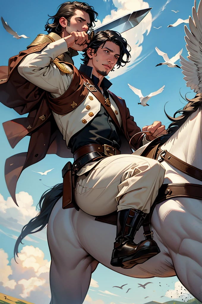 There is a man riding a horse with a sword and a bird flying above, alejandro the great, Adam Driver as a centaur warrior., Magali Villeneuve&#39;, by Pogus Caesar, alejandro, by Antonio Ciseri, digital painting greek myth, by Juan Carlos Stekelman, by Wayne England, por Alexander Scott, by Luis Miranda