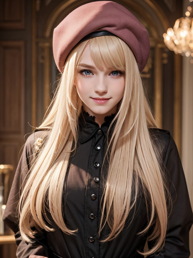 (best quality), 1boy, male, porcelain skin, blonde hair, straight hair, long hair, swept bangs, brown eyes, perfect eyes, beret, (gothic clothes), flat chest, smile, masculine, blush, pink lips, masterpiece, anatomically correct, highres
