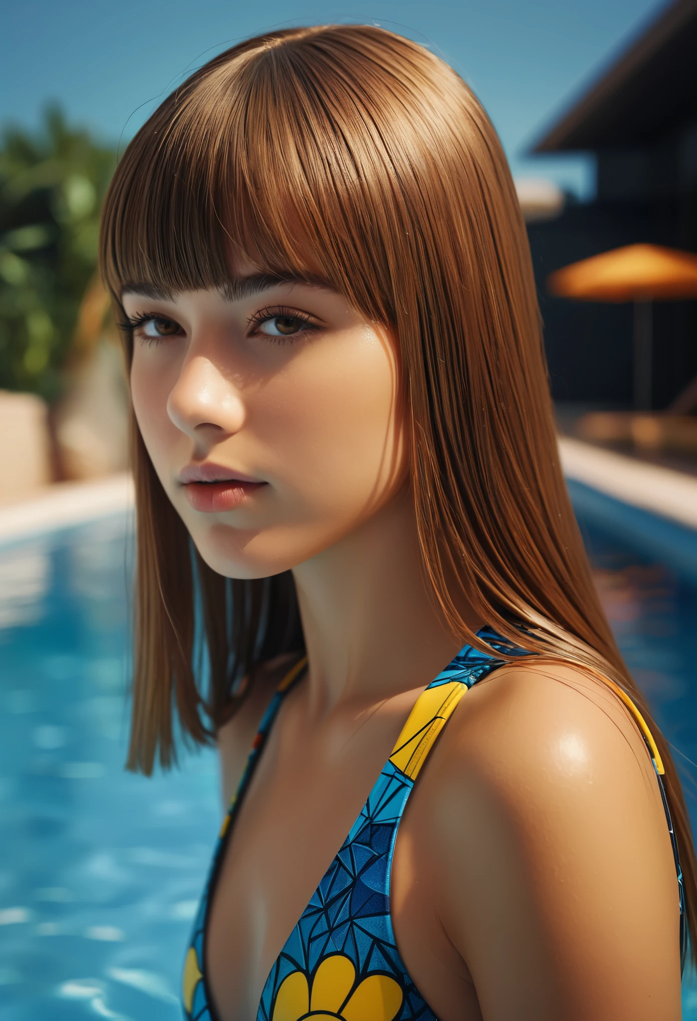 score_9, score_8_up, score_7_up, A beautiful and cute Swede girl with long hair, 18yo, waist-high portrait from side, natural skin texture, high nose, beautiful eyebrows, (blunt bangs:1.1), detailed facial features, wearing futuristic swimming suit with fractal pattern, complex composition, high resolution, ultra-detailed, sharp focus, 4k textures, photorealistic, warm colors, natural lighting, magical realism style, intricate background, Yaiba, beautiful large hips, beautiful back, moist skin texture, no makeup, dark circles, toned body, in the pool, 