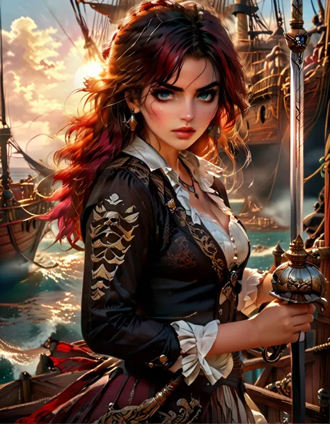 a portrait of a woman pirate holding a ((sword: 1.5)) on a pirate ship ready for battle, ((full body: 1.5)), ((anatomically corr...