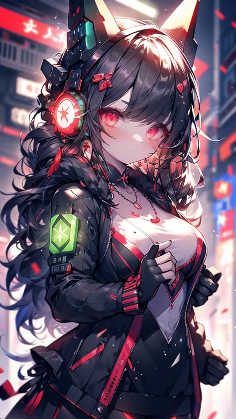 1 girl, chinese_red, cyberhan, cheongsam, cyberpunk  动态姿势, detailed glowing headphones, glowing hair accessories, long hair, lum...