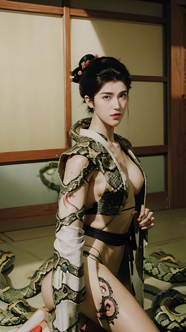 (masterpiece), best quality, expressive eyes, perfect face, HD, Benisato, kunoichi, snakes tattooed, chin, She is a tall and matured woman with a slender curvaceous build with long legs and arms, Although a ninja herself, Benisato has the appearance of a beautiful and seductive geisha, She has porcelain skin and long dark hair tied back in a coif with a hairpin and traditional comb, Benisato is covered in serpent tattoos that come alive when she uses her powers and will usually appear naked during a battle to throw off her male victims, She wears traditional Japanese geisha robes, full body, pants, long sleeves, Vest, sandals, kimono, Hongli, snakes supranatural 