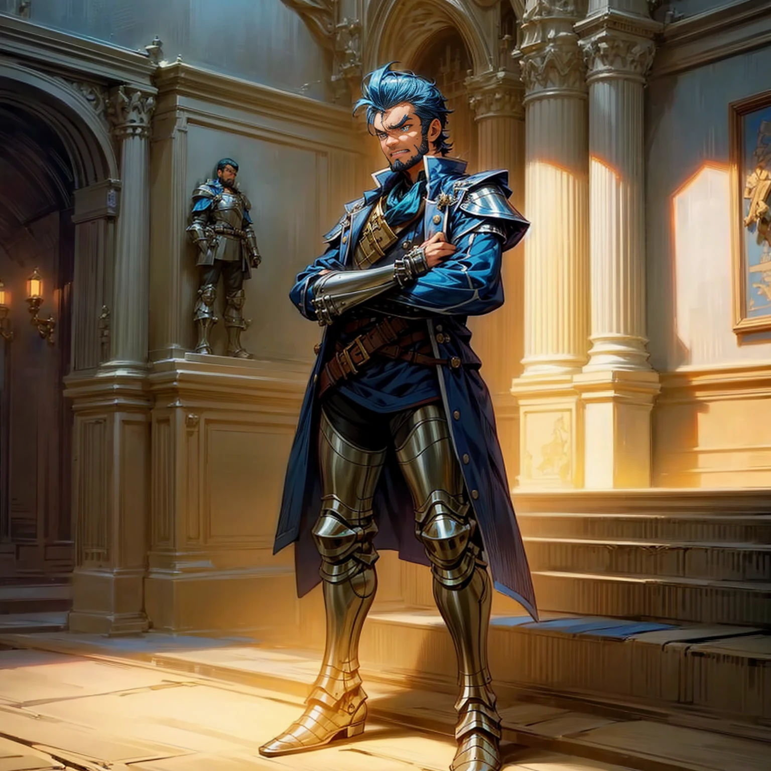 Solo character, full body version, man, muscle, chin beard, blue eyes, blue color hair, short haircut, (dark skin), soldier clothing, gold heavy armor, boots, indoor, Castle, detailed background, angry eyes, standing gesture