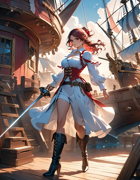 a portrait of a woman pirate holding a ((sword: 1.5)) on a pirate ship ready for battle, ((full body: 1.5)), ((anatomically corr...