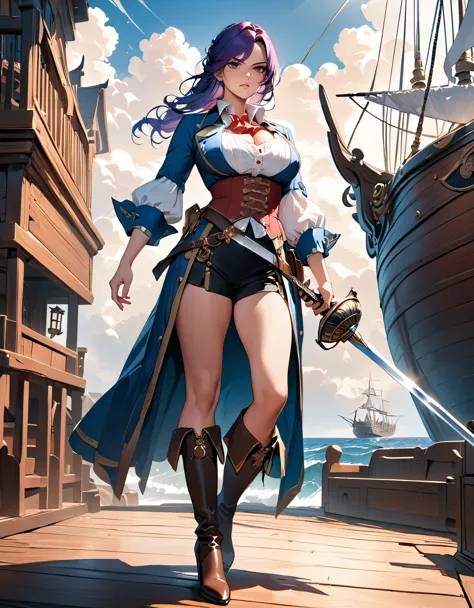 a portrait of a woman pirate holding a ((sword: 1.5)) on a pirate ship ready for battle, ((full body: 1.5)), ((anatomically corr...