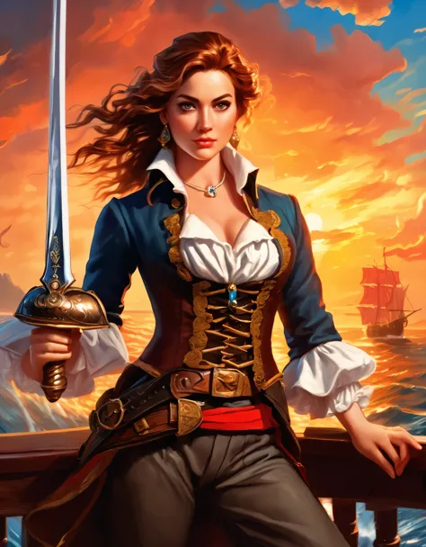 a portrait of a woman pirate holding a ((sword: 1.5)) on a pirate ship ready for battle, ((full body: 1.5)), ((anatomically corr...