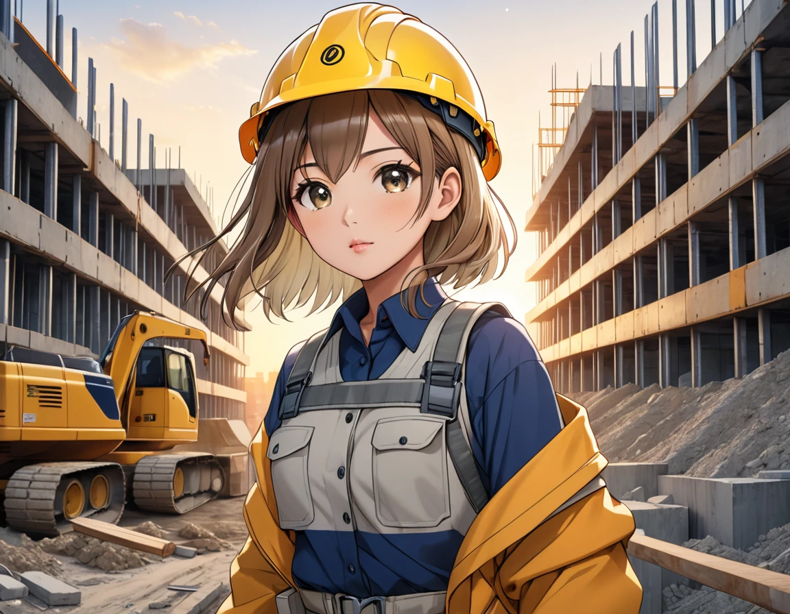 top of construction site made of Steel bars and concrete, masterpiece, top quality, highly detailed illustration, incredibly delicate and beautiful,8K,anime,A Beautiful Asian woman dressed in work clothes is standing at the construction site,((She is carrying a Steel bars on her shoulder and supporting it with both hands)),ultra-detailed face,detailed eyes,brown eyes,gradient eyes,short hair,milktea beige hair,lash extension,The woman is wearing a yellow helmet,Focus on the woman,Sweat,Cowboy Shot,peaceful,rim light,Dynamic Angle