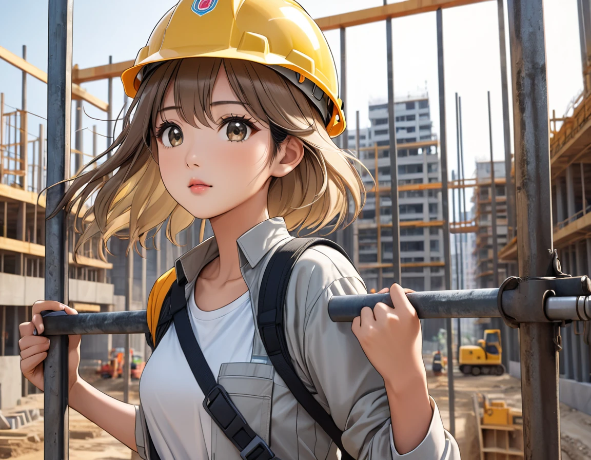 top of construction site made of Steel bars and concrete, masterpiece, top quality, highly detailed illustration, incredibly delicate and beautiful,8K,anime,A Beautiful Asian woman dressed in work clothes is standing at the construction site,((She is carrying a Steel bars on her shoulder and supporting it with both hands)),ultra-detailed face,detailed eyes,brown eyes,gradient eyes,short hair,milktea beige hair,lash extension,The woman is wearing a yellow helmet,Focus on the woman,Sweat,Cowboy Shot,peaceful,rim light,Dynamic Angle