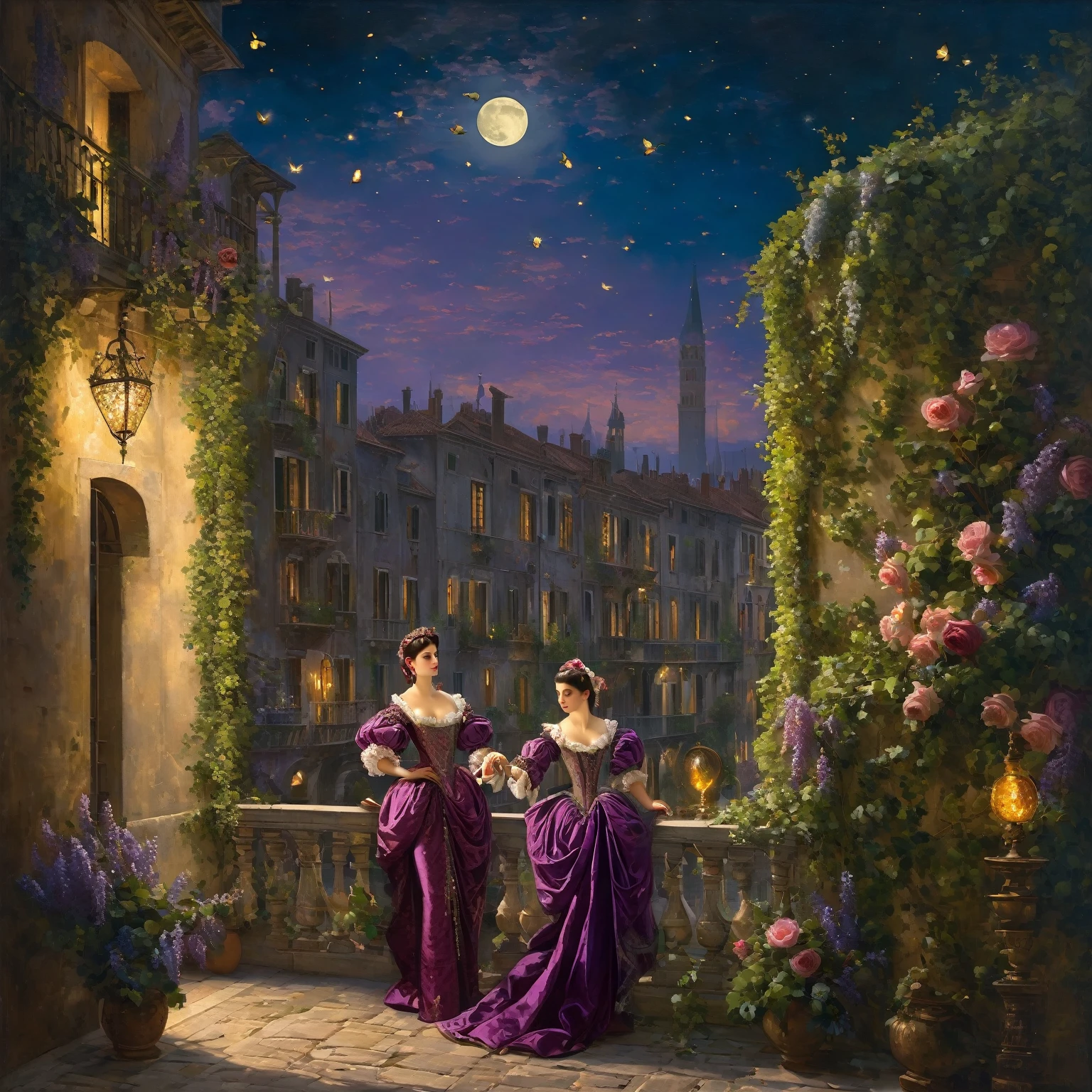 a beautiful dark-haired girl in a purple moire dress, a Venetian mask, standing on the front balcony covered with ivy and wisteria, of the second floor throws a rose to a guy in a brocade doublet and a green beret, playing a lute under her spray can, on a narrow street illuminated by wall torches on a moonlit night 1542. Inspired by Titian Vicellio. Masterpiece, Fireflies, Proportional anatomy of the face, arms, and legs. Neoclassicism, Renaissance, Venetian style, Baroque, glossy, composition, picturesque.