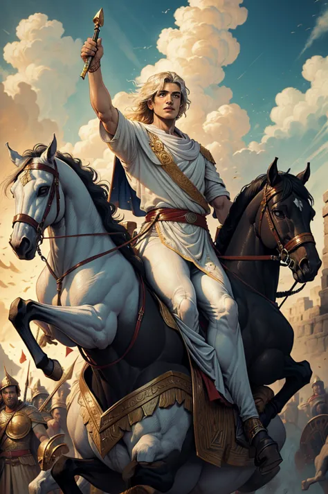 ((best quality)), ((artwork)), (detailed), greek mythology,  alexander the great leading from the front, in white clothes and ri...