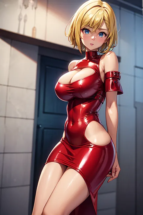 blonde girl with short hair, blue eyes, wearing a red latex dress, with openings on the sides held by strings, with huge cleavag...