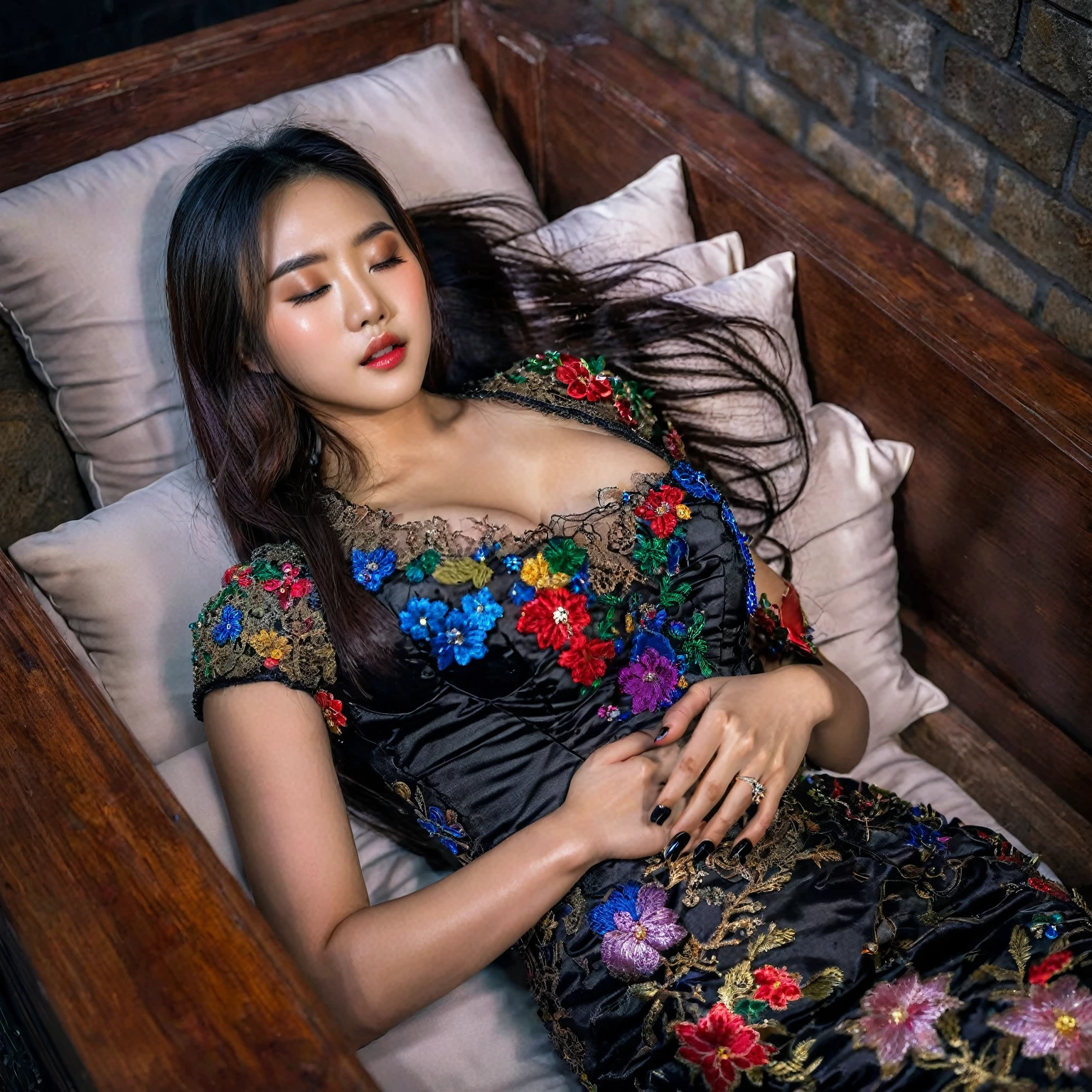 In a striking 8K HDR scene, a stunning Korean woman, 22 years old, lies peacefully in a black coffin surrounded by plush pillows. The deep box is set against a rich black background, accentuating the beauty of the subject. Her exquisite kebaya with sleeve attire is embroidered with superb detail, showcasing her round and firm breasts, perfect cleavage, and beautiful eyebrows. Her closed eyes and mouth give an air of serenity, while her visible and absolute cleavage leave nothing to imagination. The scene is bathed in saturated colors, highlighting every intricate aspect from the ball skirt to her clean face, straight body, detailed hand perfect hands, straight body.