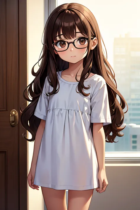 Little , whole body , Big brown eyes , Glasses , Long wavy hair with no bangs , Brown Hair , Very short stature，Thin thighs，Hold...