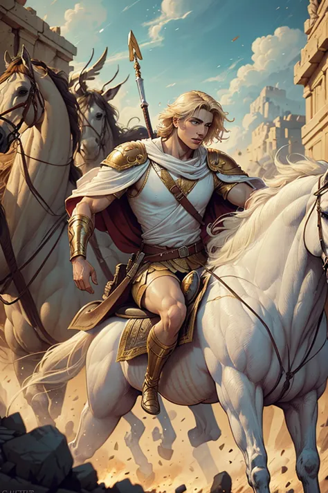 ((best quality)), ((artwork)), (detailed), greek mythology, alexander the great leading from the front, with white clothes his t...