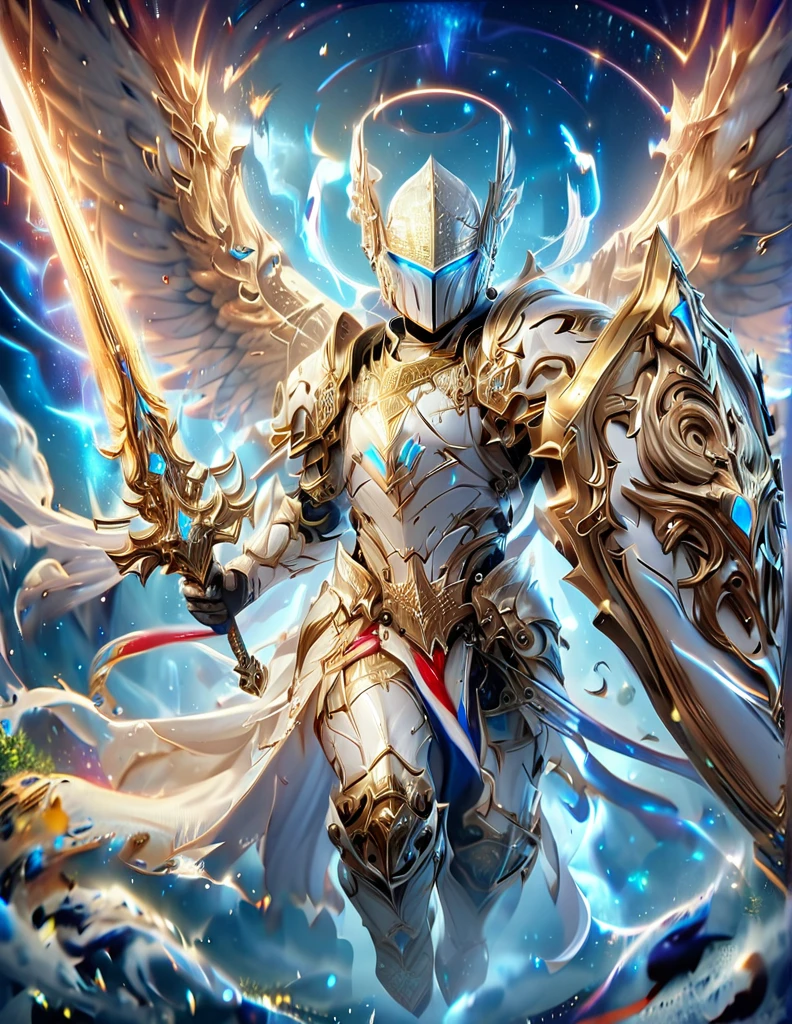 ((masterpiece, highest quality, Highest image quality, High resolution, photorealistic, Raw photo, 8k)),Shining white armor with wings, attention to detail, Detailed white helmet, A large white sword with great detail, Mysterious golden jewel in the armor, Whitehall in space background, White Aura, White Neon Light, male body