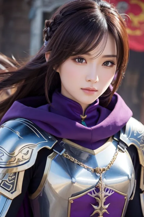 close-up of a woman in armor and purple cloak, koei tecmo, zhao yun, china&#39;three kingdoms, bianlian, genghis khan, feng shui...