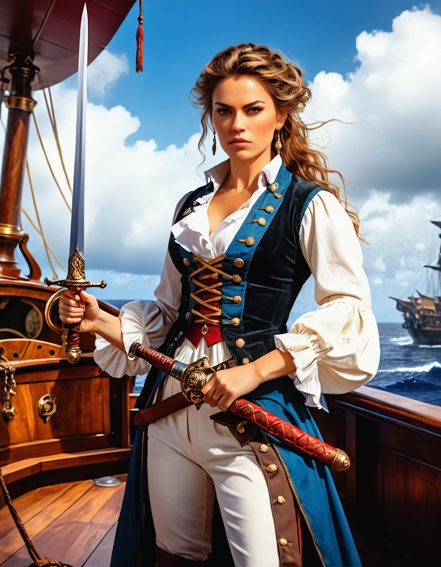 a portrait of a woman pirate holding a ((sword: 1.5)) on a pirate ship ready for battle, ((full body: 1.5)), ((anatomically correct: 1.5)), (ultra detailed face: 1.2), looking tense, looking dangerous,  dynamic eye color. dynamic hair color, dynamic hair style dynamic skin complexion, wearing 18th century white button shirt, busty , wearing  wearing high heeled boots, sunny day, sun rays, some clouds,18th century pirate ship background,  vibrant, Ultra-high resolution, High Contrast, (masterpiece:1.5), highest quality, Best aesthetics), best details, best quality, highres, 16k, (ultra detailed: 1.5), masterpiece, best quality, (extremely detailed) RAW, (ultra details, Masterpiece, best quality), Hyperrealism style, holding sword, Intense gaze, holding sword rapier