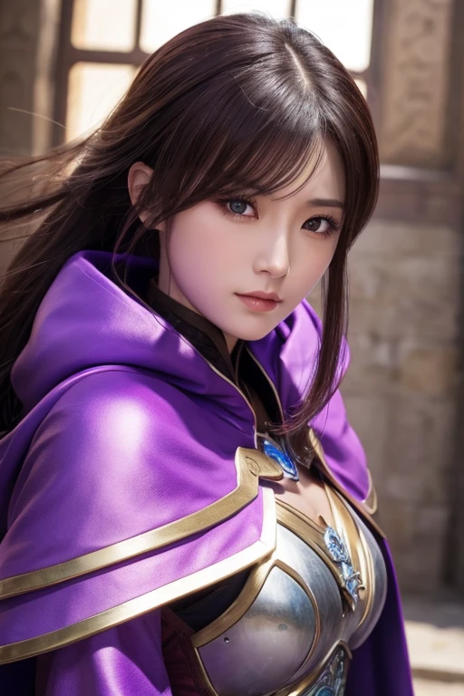 Close-up of a woman in armor and purple cloak, Koei Tecmo, Zhao Yun, China&#39;Three Kingdoms, Bianlian, Genghis Khan, Feng Shui, ponytail, Xianxia Hero, Chinaの戦士,Large Breasts