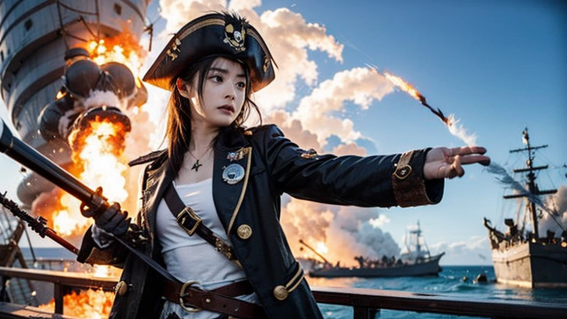 pirate戦争, Dramatic, One Girl, bangs, Black Hair, pirate, pirate hat, deck, coat,Eye patch, Fierce naval battle, Brawl, pirateの旗, Artillery fire, Shattered Ship, Splash, Cannon smoke, Black sail, Fire and Destruction, bullets flying, cutlass