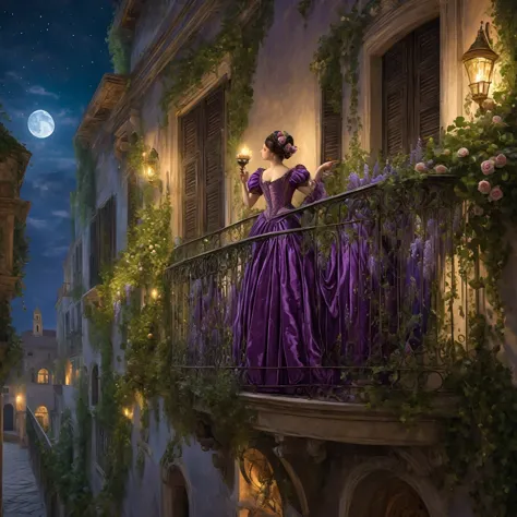 a beautiful dark-haired girl in a purple moire dress, a venetian mask, standing on the front balcony covered with ivy and wister...