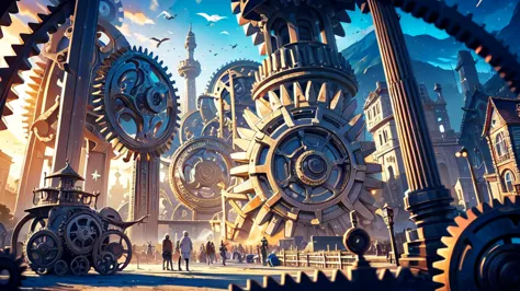 (a nation with constructions made of gears), festival, village, world of steel, gears, ultra detailed