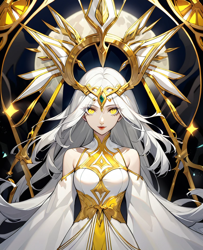 Create a character with striking white hair and vivid yellow eyes. She should exude an ethereal and mysterious aura, with her appearance hinting at otherworldly origins or magical abilities. Her clothing and accessories should complement her unique features, enhancing her enigmatic presence.