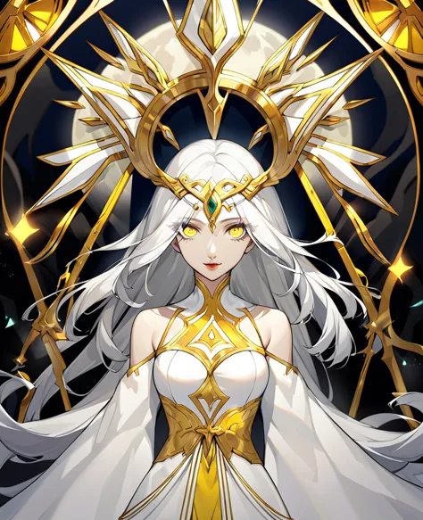 Create a character with striking white hair and vivid yellow eyes. She should exude an ethereal and mysterious aura, with her ap...