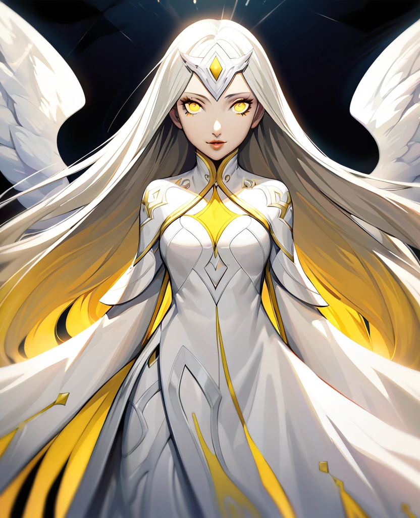 Create a character with striking white hair and vivid yellow eyes. She should exude an ethereal and mysterious aura, with her appearance hinting at otherworldly origins or magical abilities. Her clothing and accessories should complement her unique features, enhancing her enigmatic presence.