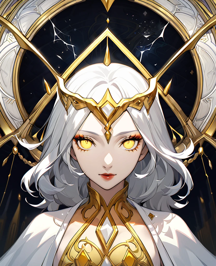 Create a character with striking white hair and vivid yellow eyes. She should exude an ethereal and mysterious aura, with her appearance hinting at otherworldly origins or magical abilities. Her clothing and accessories should complement her unique features, enhancing her enigmatic presence.