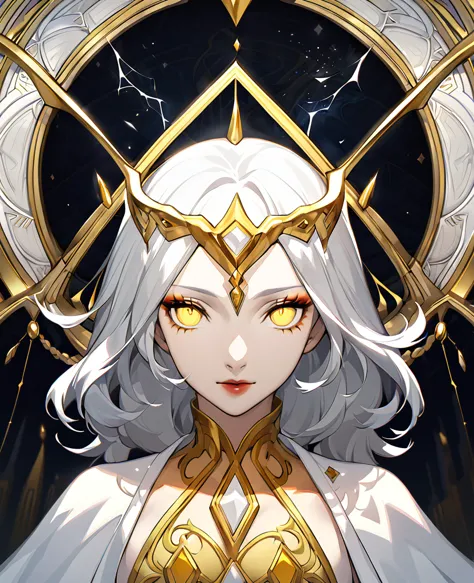 Create a character with striking white hair and vivid yellow eyes. She should exude an ethereal and mysterious aura, with her ap...