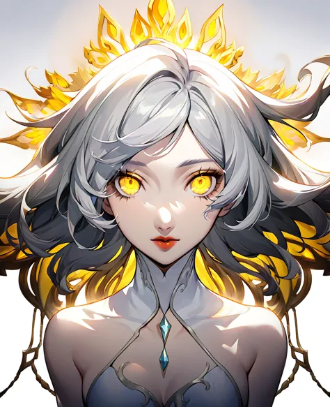 Create a character with striking white hair and vivid yellow eyes. She should exude an ethereal and mysterious aura, with her ap...