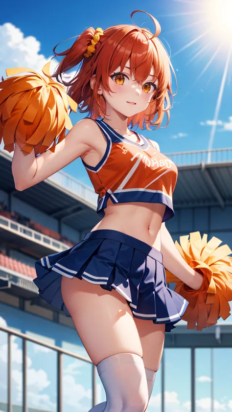 masterpiece, best quality, highres, aaritsuka, short hair, ahoge, hair scrunchie, orange scrunchie, medium breasts, cheerleader,...