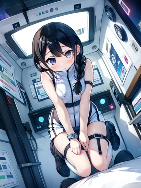 (Highest quality), (masterpiece), 1080P, High resolution, 4K, 8k, Inside the space station、Futuristic room、Thigh straps, Shooting from directly below, The woman on top of me, Nipples, 白いSweat, Covered , Sweat, Woman looking down, Skirt swimsuit, Thigh-high socks, To achieve this, 16 years old, , whole body, Black leather shoes, Braided hair, Inner Color, Embarrassed face, Short black hair, bracelet, Bedroom,celestial body_Vest
