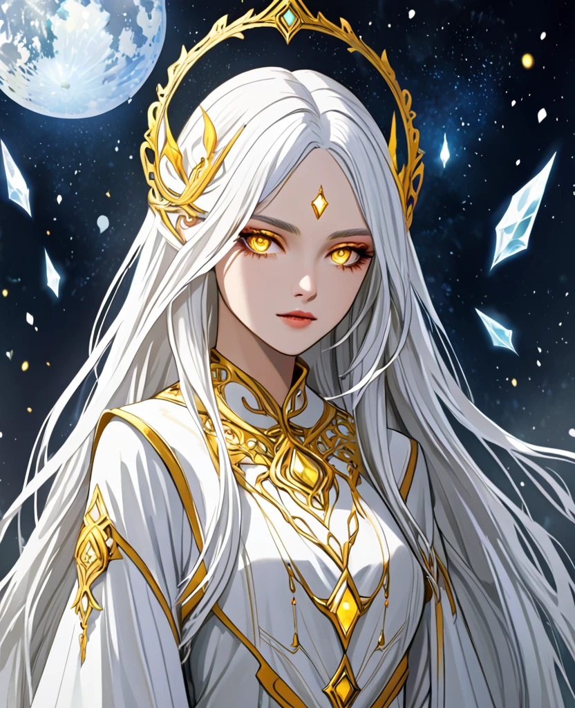 Create a character with striking white hair and vivid yellow eyes. She should exude an ethereal and mysterious aura, with her appearance hinting at otherworldly origins or magical abilities. Her clothing and accessories should complement her unique features, enhancing her enigmatic presence.