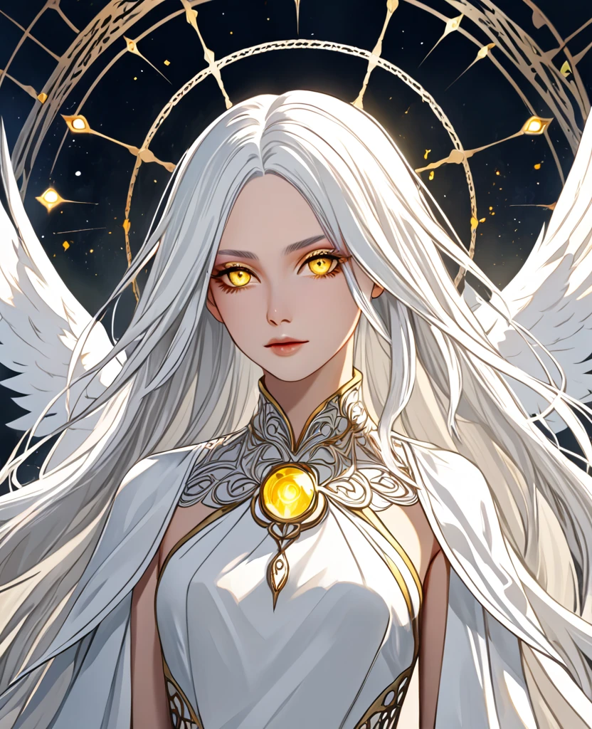 Create a character with striking white hair and vivid yellow eyes. She should exude an ethereal and mysterious aura, with her appearance hinting at otherworldly origins or magical abilities. Her clothing and accessories should complement her unique features, enhancing her enigmatic presence.