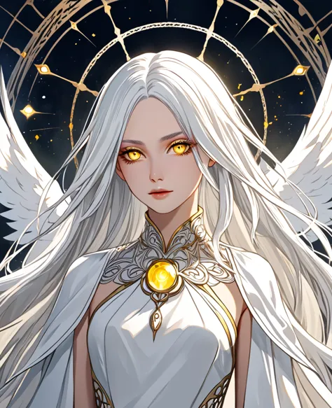 Create a character with striking white hair and vivid yellow eyes. She should exude an ethereal and mysterious aura, with her ap...
