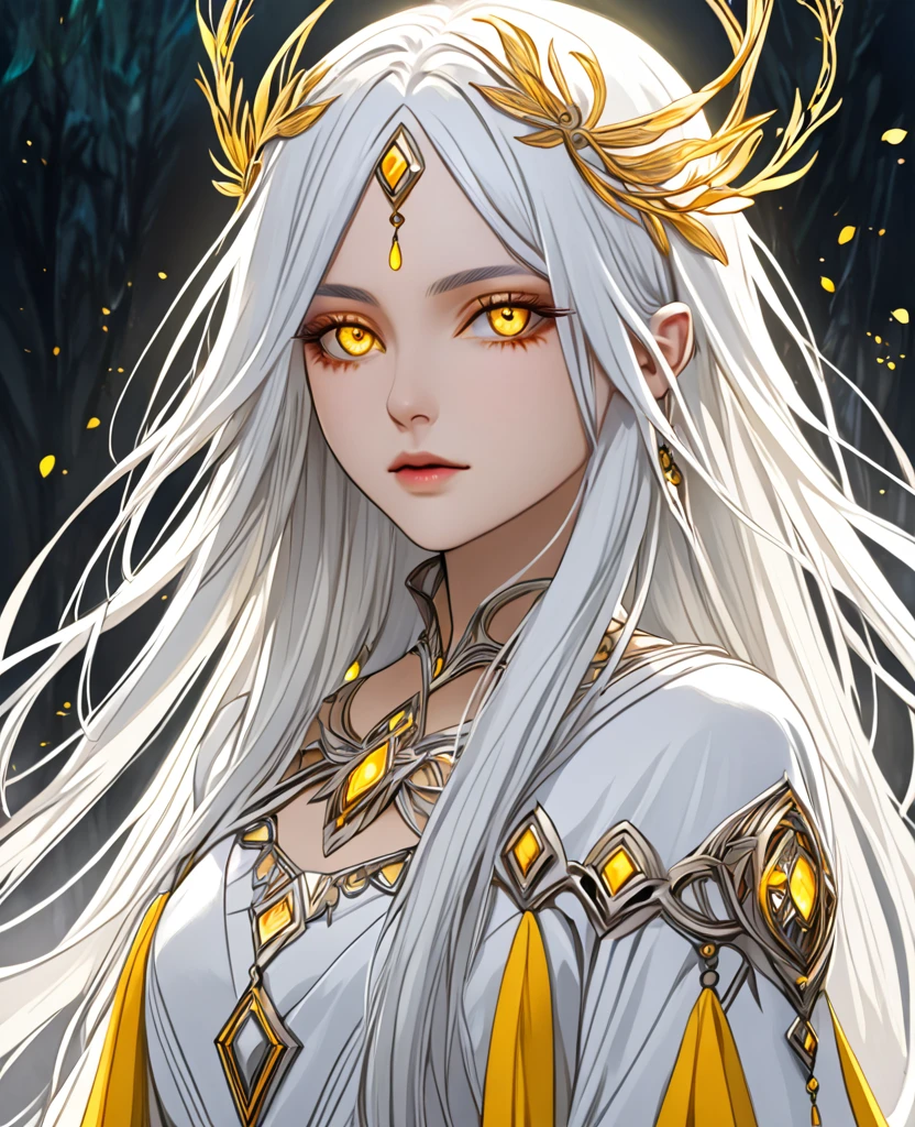 Create a character with striking white hair and vivid yellow eyes. She should exude an ethereal and mysterious aura, with her appearance hinting at otherworldly origins or magical abilities. Her clothing and accessories should complement her unique features, enhancing her enigmatic presence.